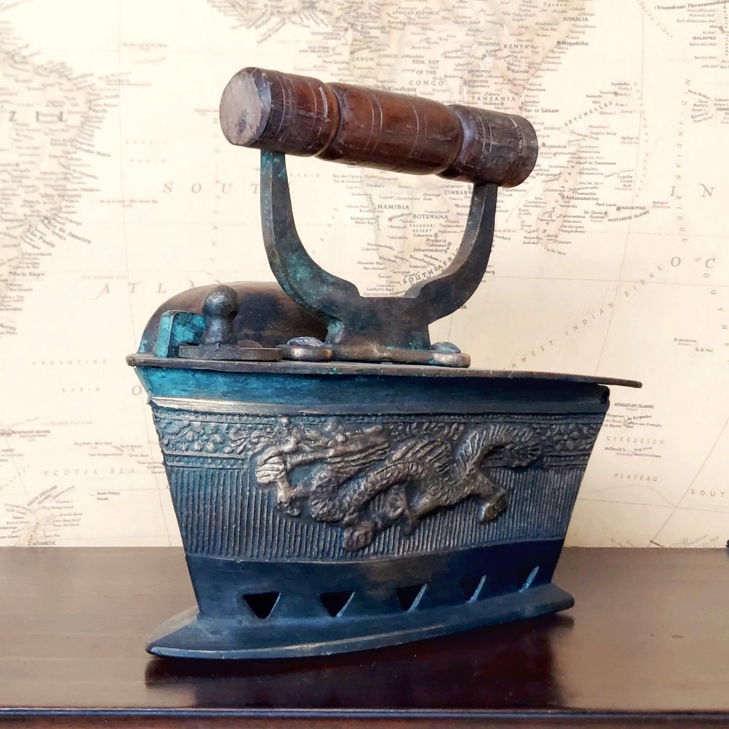 Vintage Peranakan Charcoal Clothes Iron with Oriental Dragon Carving & Wooden Handle Collectible Item Rustic Home Decor Statement Piece