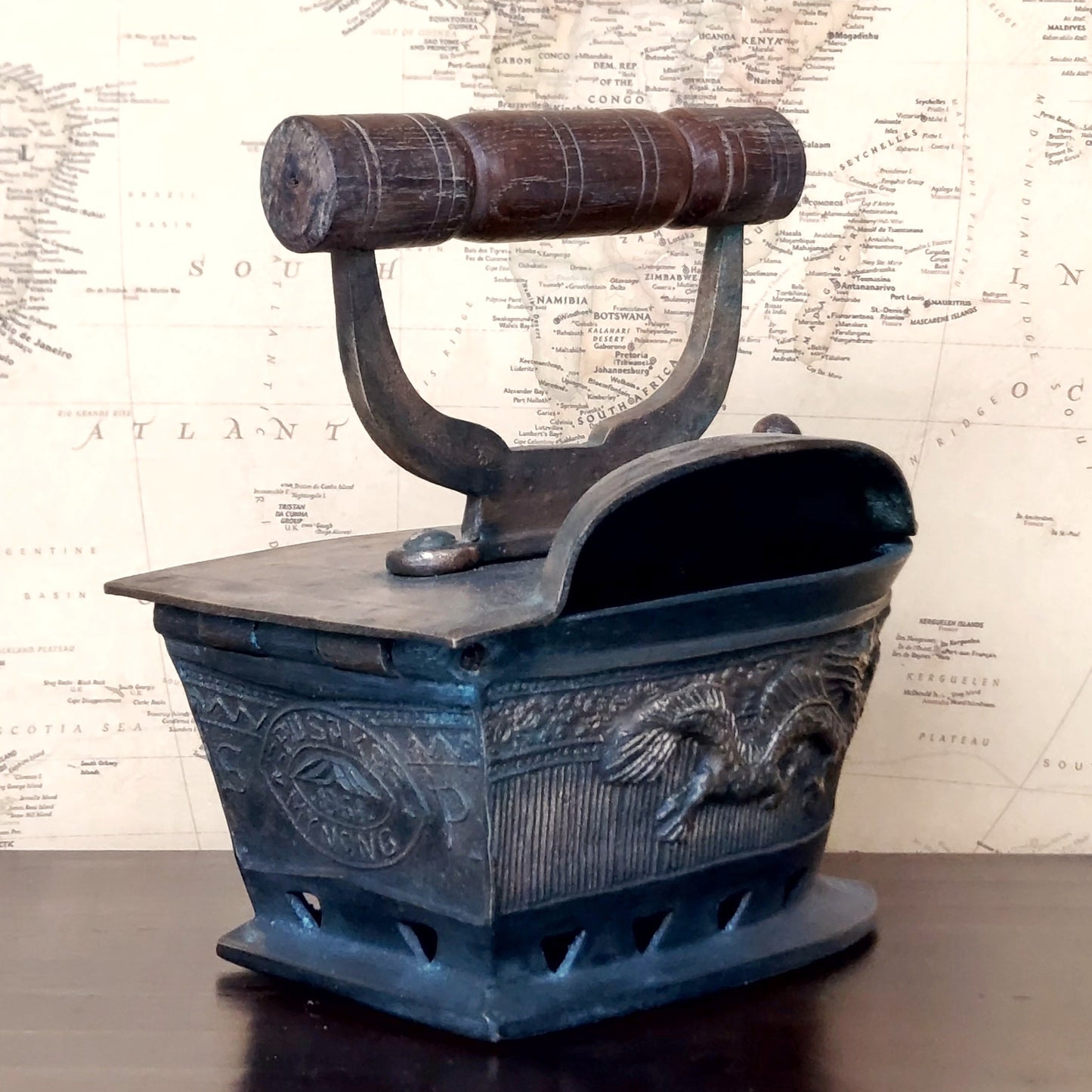 Vintage Peranakan Charcoal Clothes Iron with Oriental Dragon Carving & Wooden Handle Collectible Item Rustic Home Decor Statement Piece