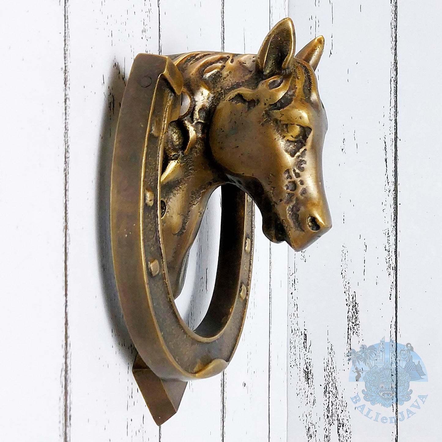 Solid Brass Door Knocker Horse Head with Horseshoe – Rustic Charm – Equestrian Outdoor Decor – Western Farmhouse Style Decor