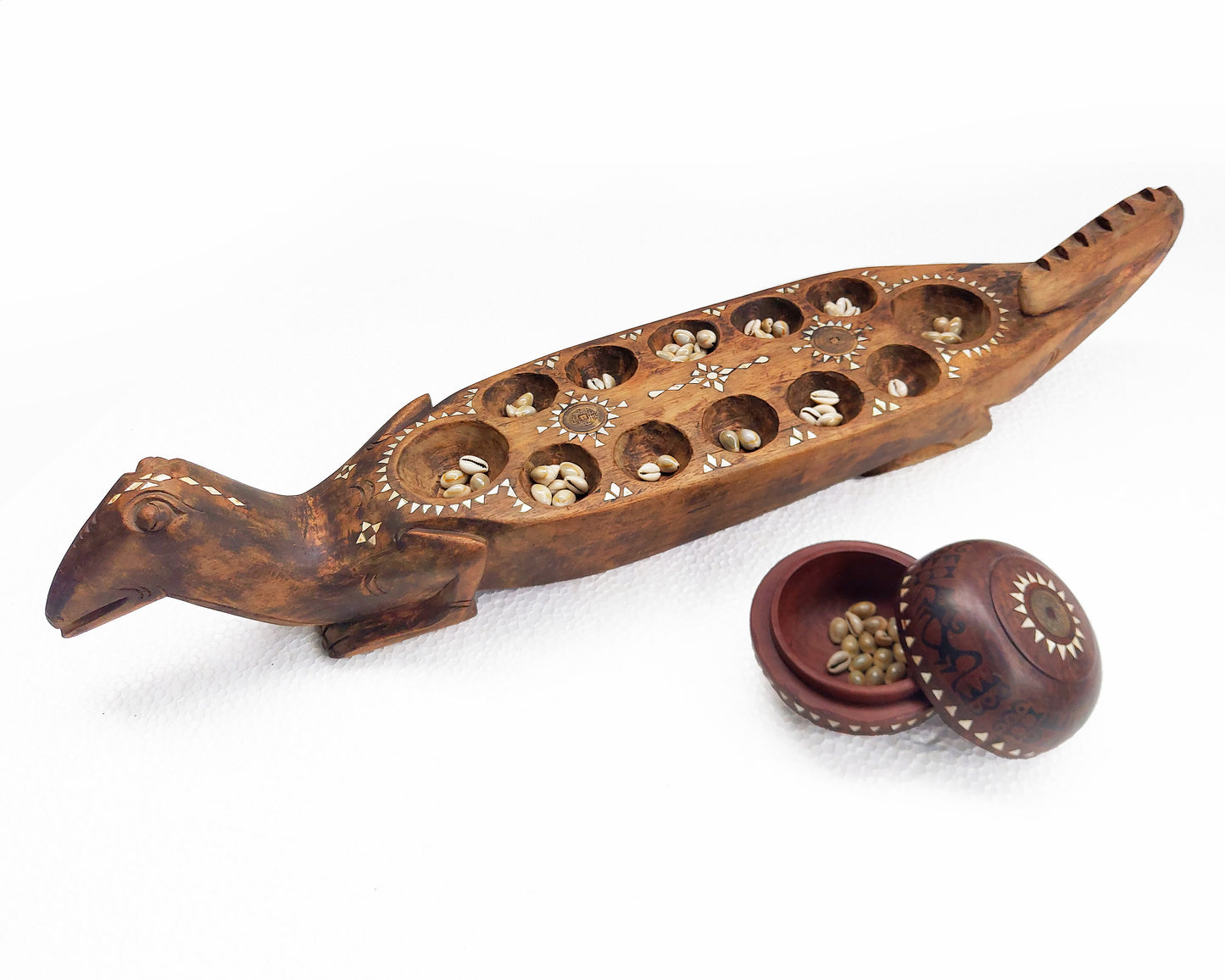 Traditional Handmade Wooden Mancala Board Game with Shell Inlay from Lombok Island - Strategy Game - Vintage Item - Asian Decor - Home Decor - Statement Pieces - Living Room Decor - Folk Art - Unique Gift Idea