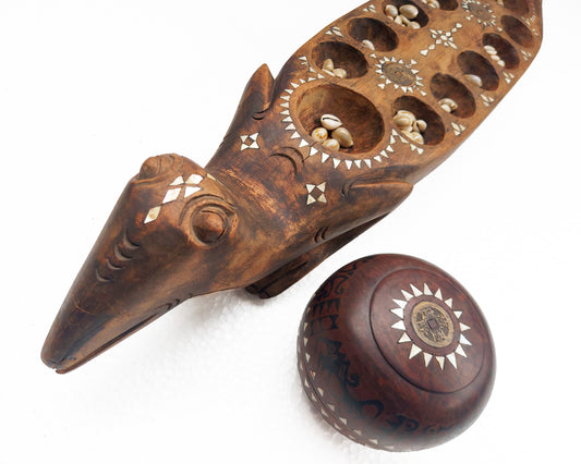 Traditional Handmade Wooden Mancala Board Game with Shell Inlay from Lombok Island - Strategy Game - Vintage Item - Asian Decor - Home Decor - Living Room Decor - Folk Art - Unique Gift Idea