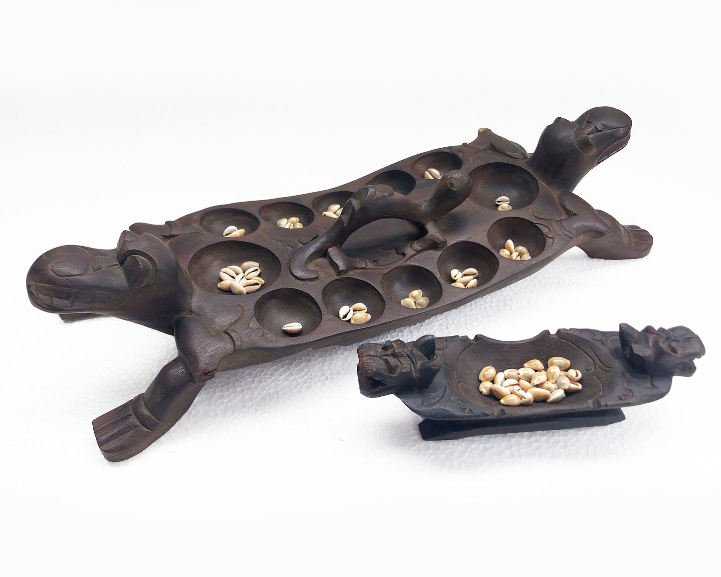 Traditional Wooden Mancala Board Game Dayak Tribe Borneo Aso Dragon Guardian Sculpture Kayan Wood Carving Asian Folk Art Vintage Home Decor