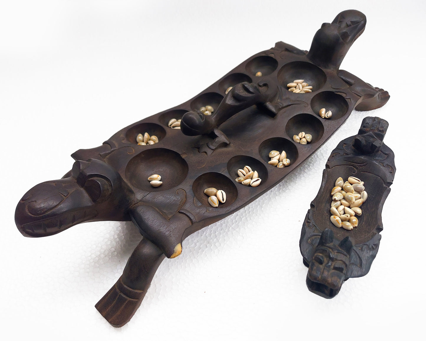 Traditional Wooden Mancala Board Game Dayak Tribe Borneo Aso Dragon Guardian Sculpture Kayan Wood Carving Asian Folk Art Vintage Home Decor