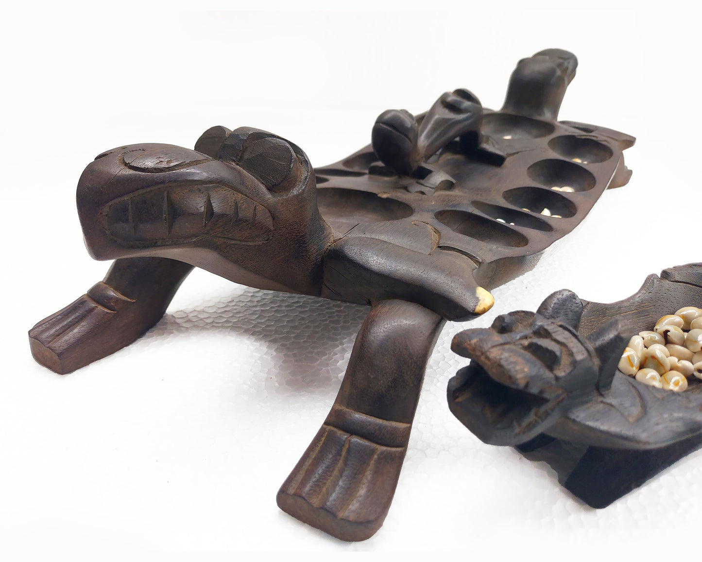 Traditional Wooden Mancala Board Game Dayak Tribe Borneo Aso Dragon Guardian Sculpture Kayan Wood Carving Asian Folk Art Vintage Home Decor