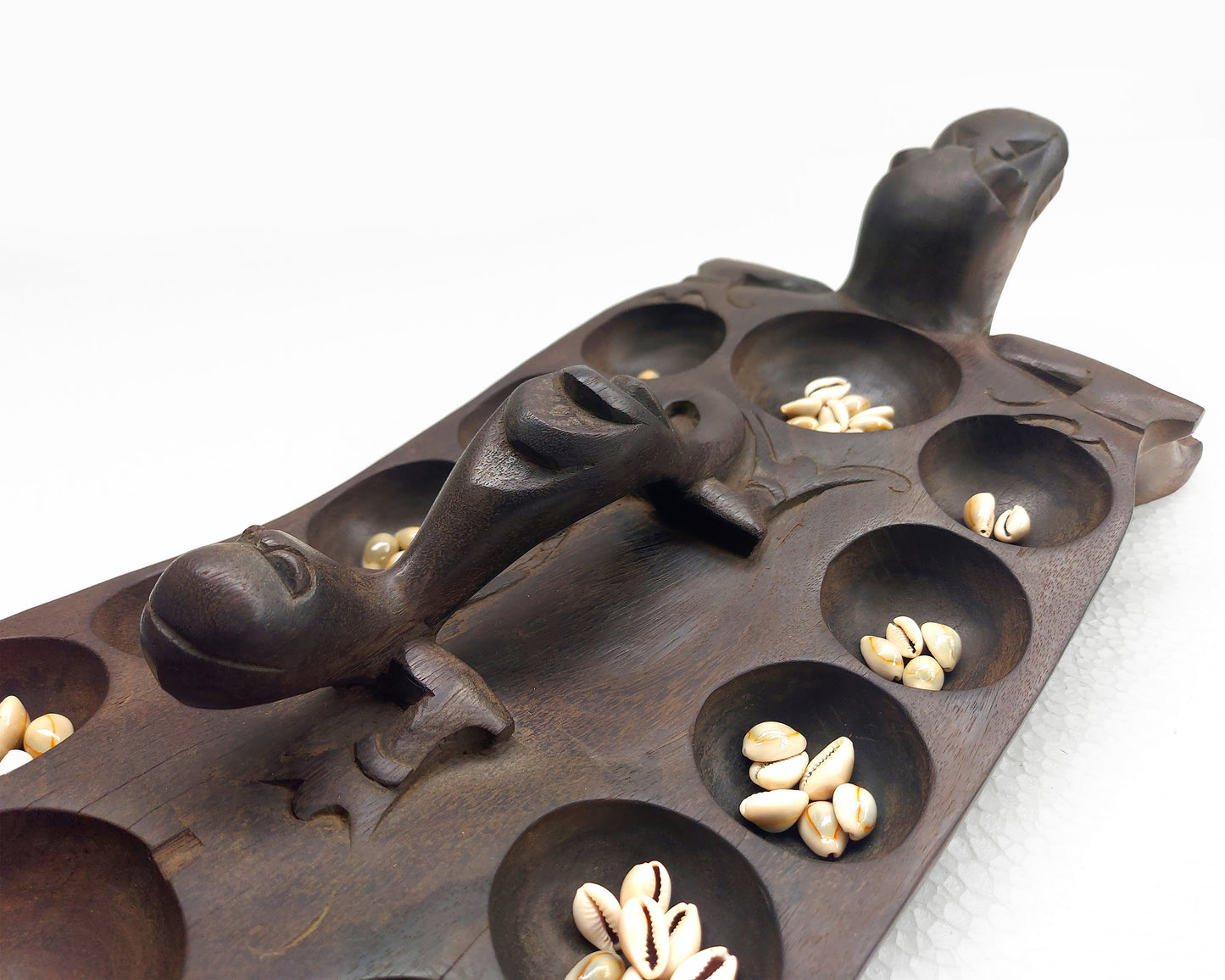 Traditional Wooden Mancala Board Game Dayak Tribe Borneo Aso Dragon Guardian Sculpture Kayan Wood Carving Asian Folk Art Vintage Home Decor