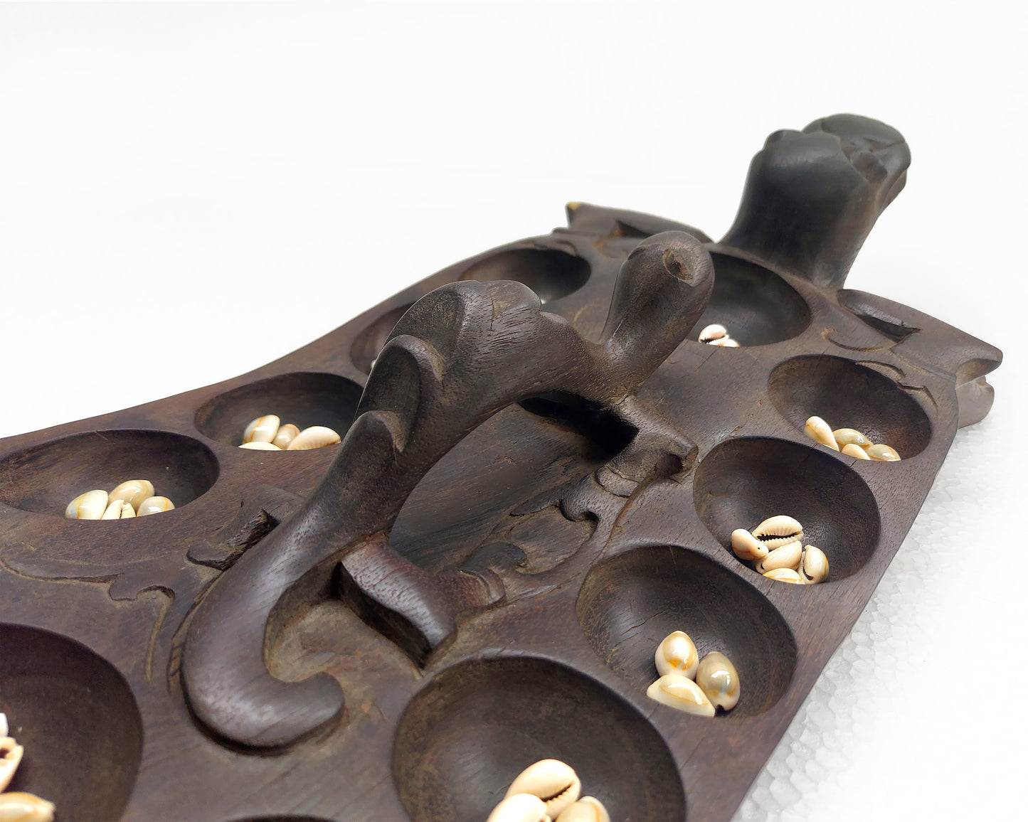 Traditional Wooden Mancala Board Game Dayak Tribe Borneo Aso Dragon Guardian Sculpture Kayan Wood Carving Asian Folk Art Vintage Home Decor