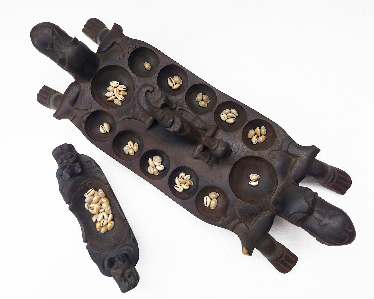 Traditional Wooden Mancala Board Game Dayak Tribe Borneo Aso Dragon Guardian Sculpture Kayan Wood Carving Asian Folk Art Vintage Home Decor