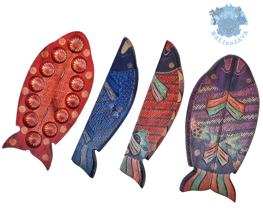 Foldable Wooden Mancala Board Game – Fish Design with Batik Pattern – Classic 2-Player Strategy Game for Family Fun & Math Skills – Unique Home Decor & Gift