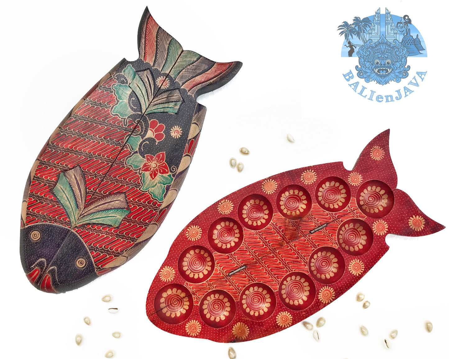 Foldable Wooden Mancala Board Game – Fish Design with Batik Pattern – Classic 2-Player Strategy Game for Family Fun & Math Skills – Unique Home Decor & Gift