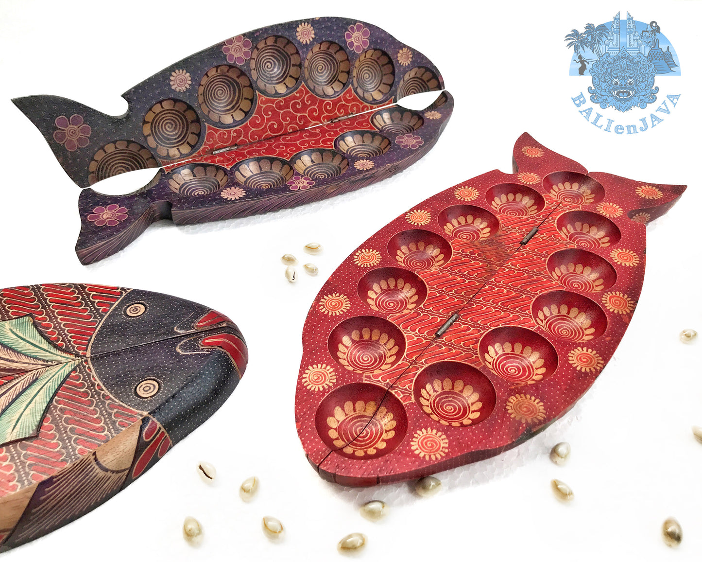 Foldable Wooden Mancala Board Game – Fish Design with Batik Pattern – Classic 2-Player Strategy Game for Family Fun & Math Skills – Unique Home Decor & Gift