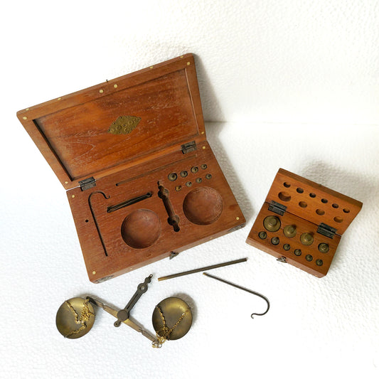 Complete balance scale sets with wooden box and weight.