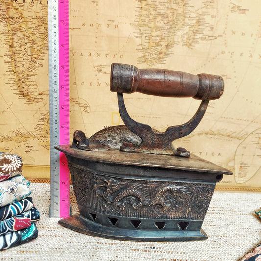 Vintage Brass Coal Iron with Wooden Handle & Oriental Dragon Carving – Traditional Clothes Iron – Charcoal Box Iron – Rustic Home Decor