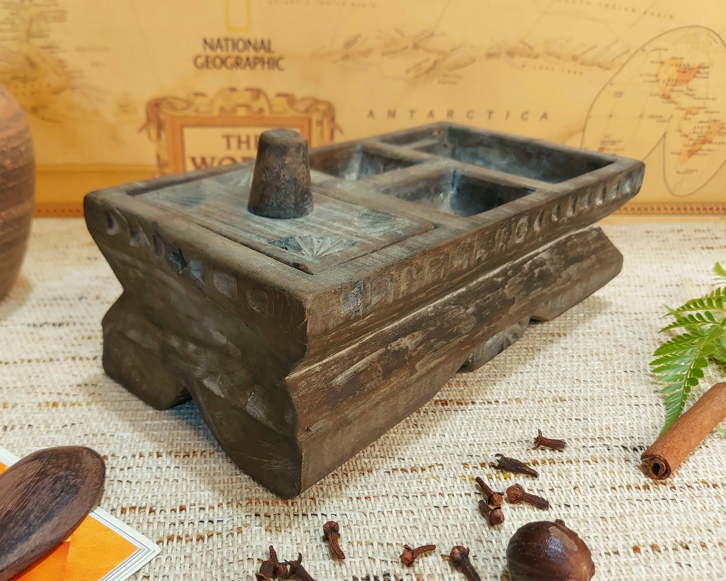 Vintage Wooden Betel Nut Box / Herbal Spice Box from Java – Rustic Home Decor Piece – Entryway Table Decor – KN001