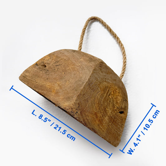 Wooden cattle bell with jute rope handle, measurements are shown on a white background.