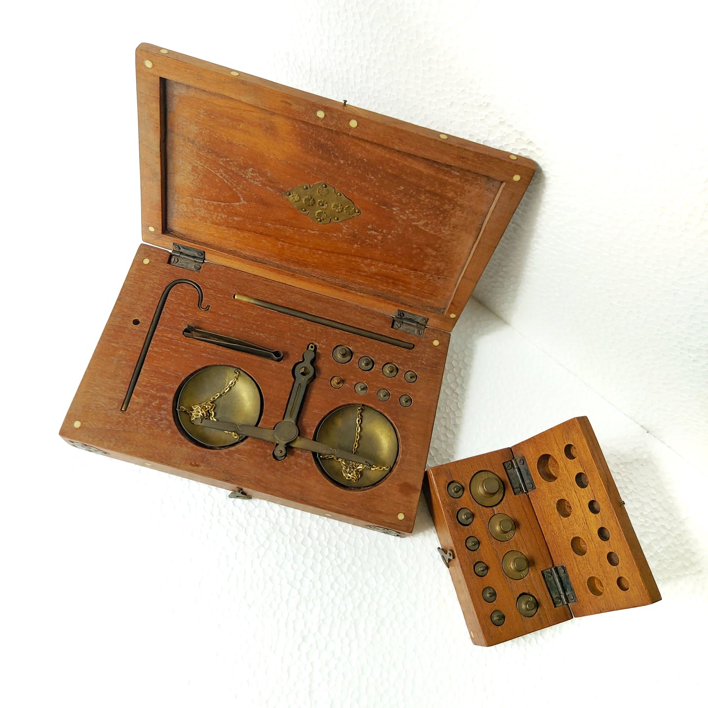 Vintage Balance Scales and Brass Weight Wooden Box with Oriental Brass Accents Circa 1940s