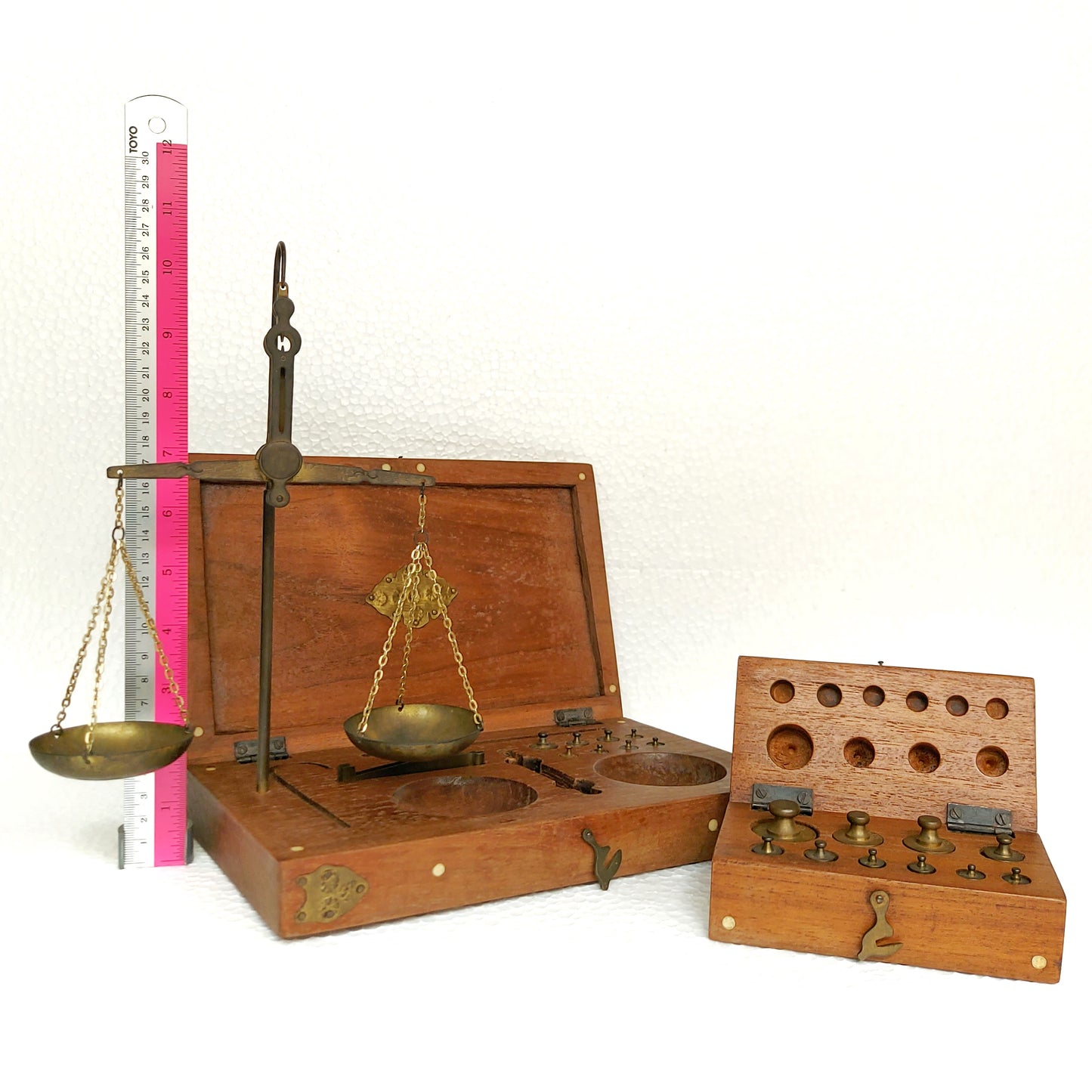 Vintage Balance Scales and Brass Weight Wooden Box with Oriental Brass Accents Circa 1940s