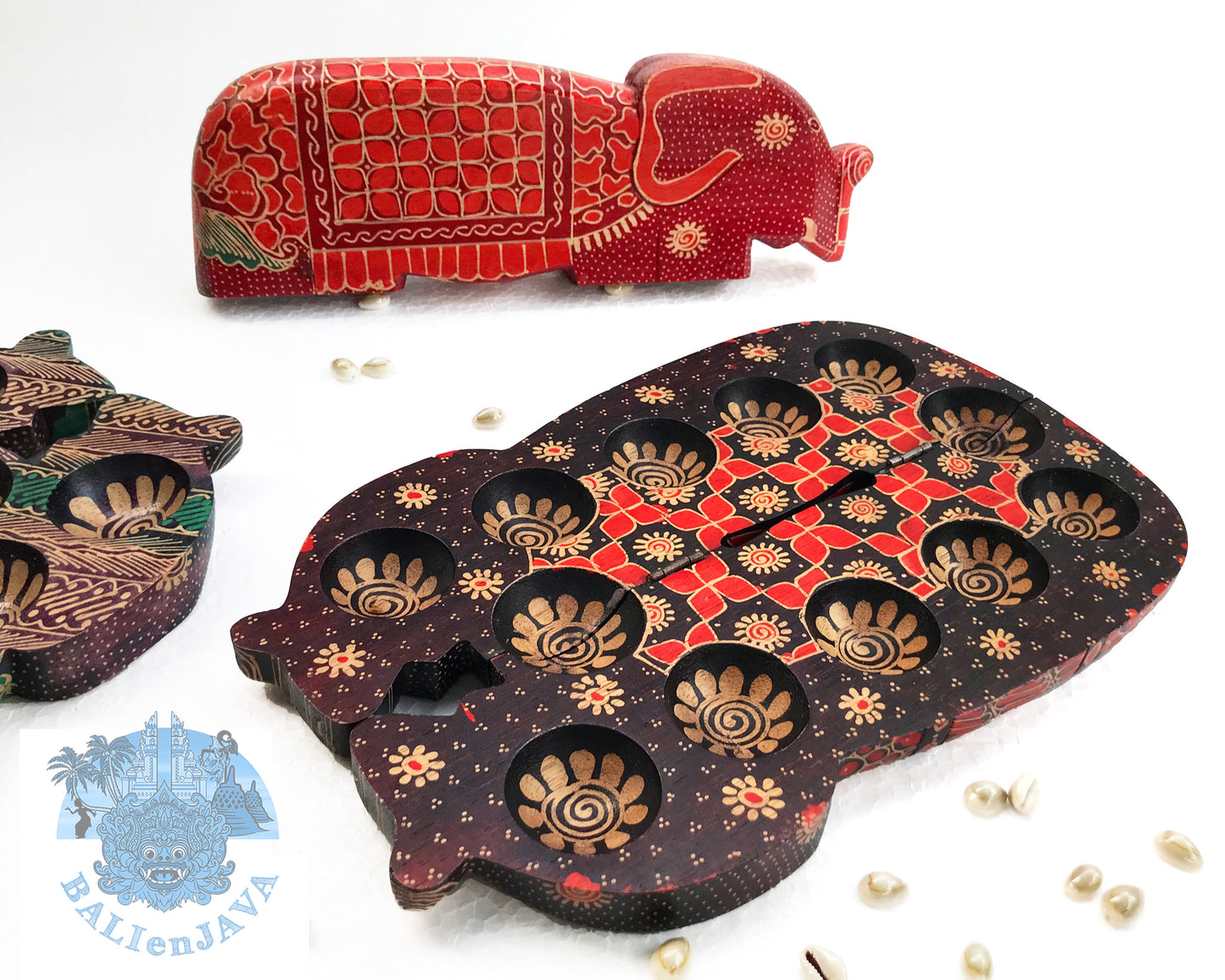 Foldable Mancala Wooden Board Game – Elephant Shape with Handmade Batik Pattern – Tabletop Strategy Game for Family Fun – Kids Math Game – Congkak, Sungka, Oware – Unique Home Decor & Gift Idea