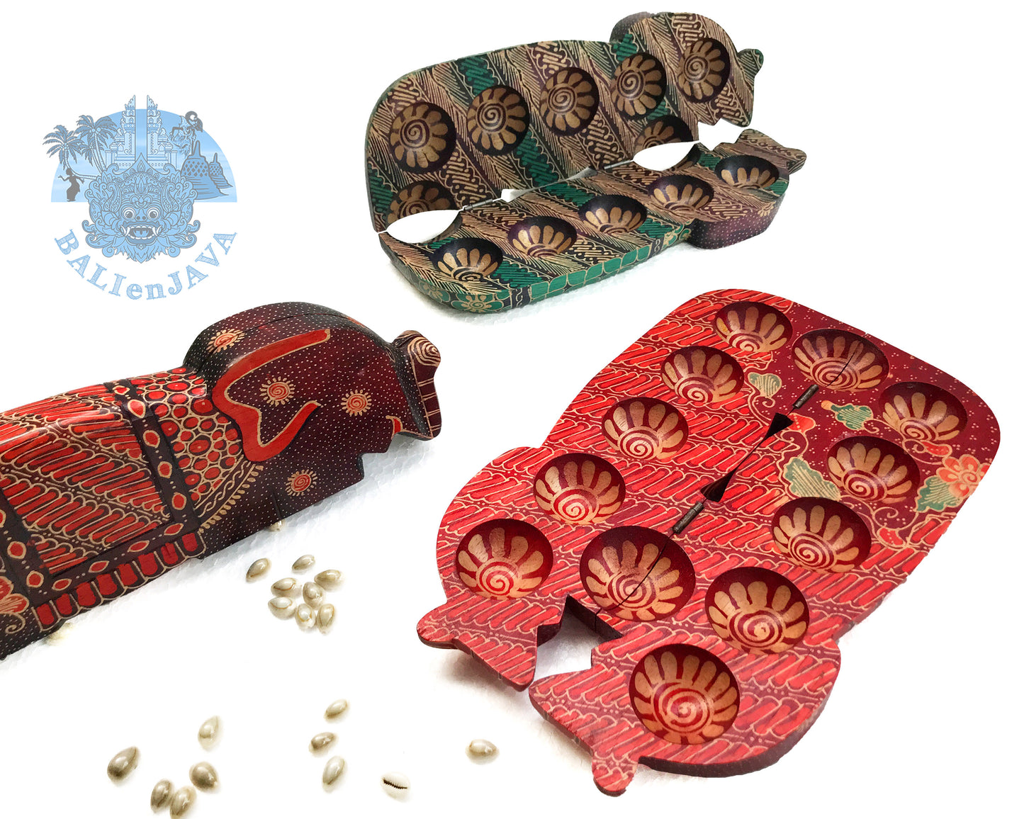 Foldable Mancala Wooden Board Game – Elephant Shape with Handmade Batik Pattern – Tabletop Strategy Game for Family Fun – Kids Math Game – Congkak, Sungka, Oware – Unique Home Decor & Gift Idea
