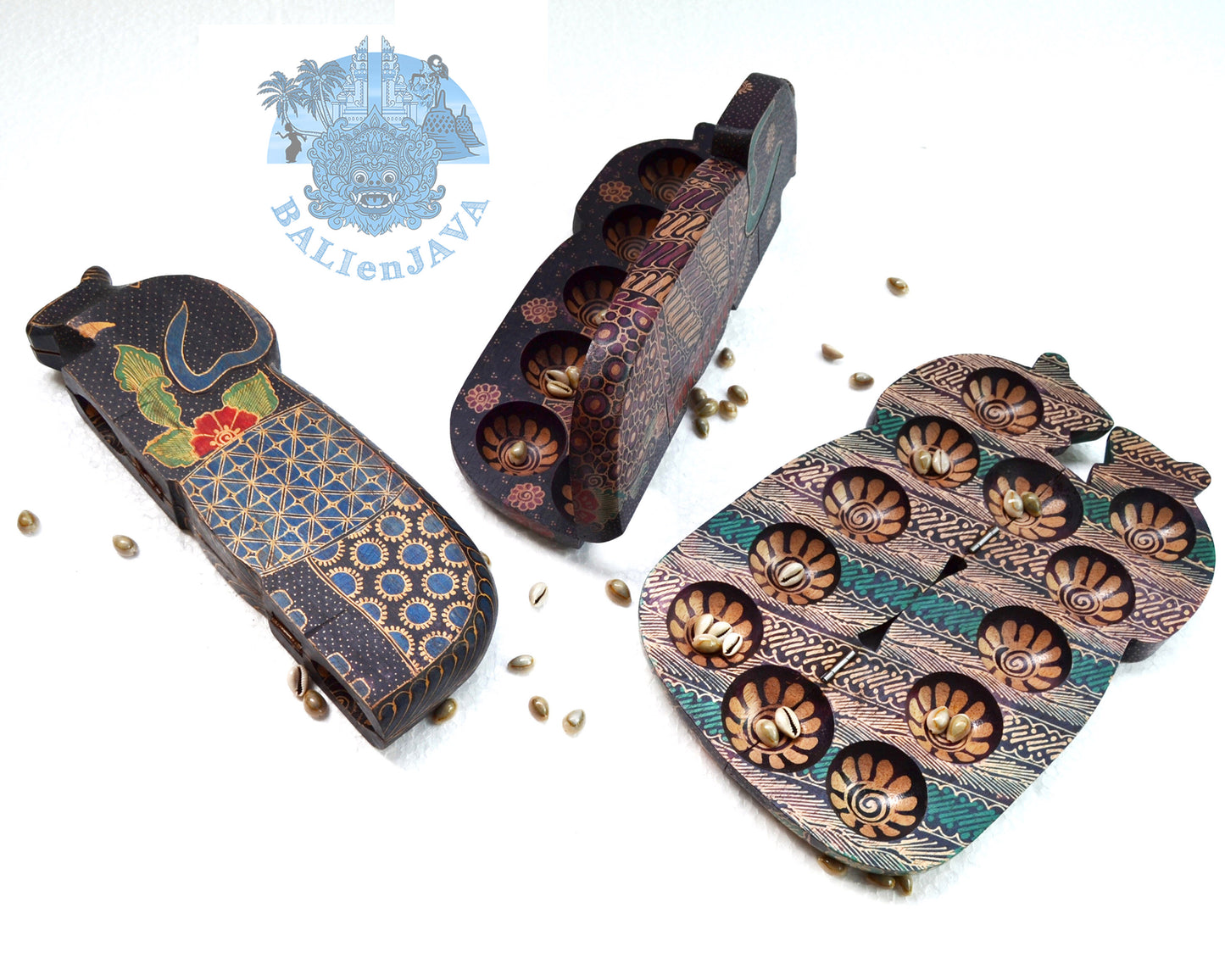 Foldable Mancala Wooden Board Game – Elephant Shape with Handmade Batik Pattern – Family Travel Game Set – Kids Math Game – Congkak, Kalah, Warri – Unique Home Decor & Gift Idea