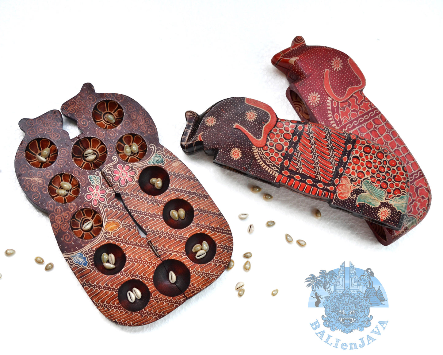 Foldable Mancala Wooden Board Game – Elephant Shape with Handmade Batik Pattern – Tabletop Strategy Game for Family Fun – Kids Math Game – Congkak, Sungka, Oware – Unique Home Decor & Gift Idea