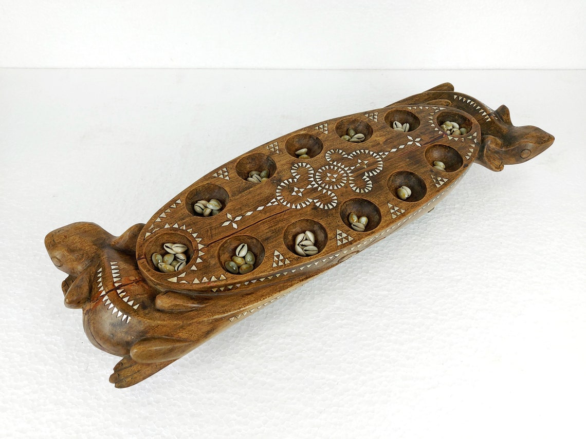 Vintage Wooden Mancala Board Game with Shell Inlay from Lombok Island - Asian Folk Art - Traditional Lizard Wood Carving