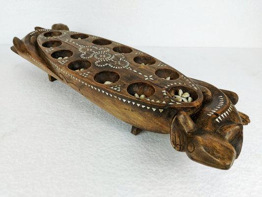 Vintage Wooden Mancala Board Game with Shell Inlay from Lombok Island - Asian Folk Art - Traditional Lizard Wood Carving