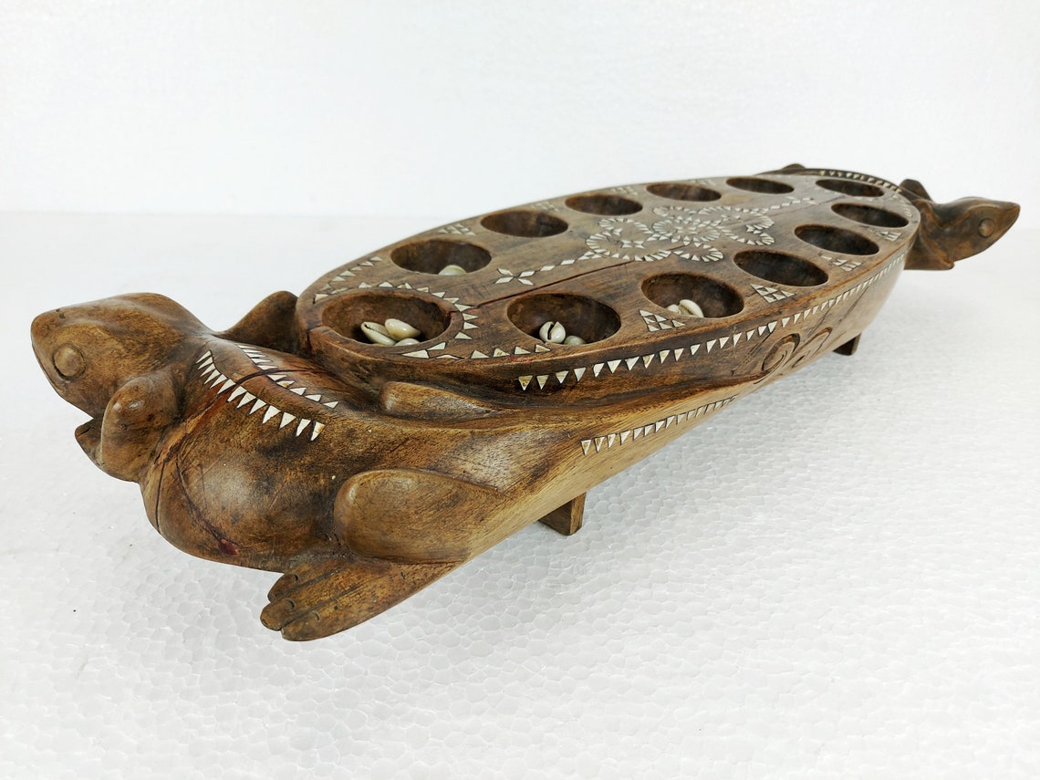 Vintage Wooden Mancala Board Game with Shell Inlay from Lombok Island - Asian Folk Art - Traditional Lizard Wood Carving
