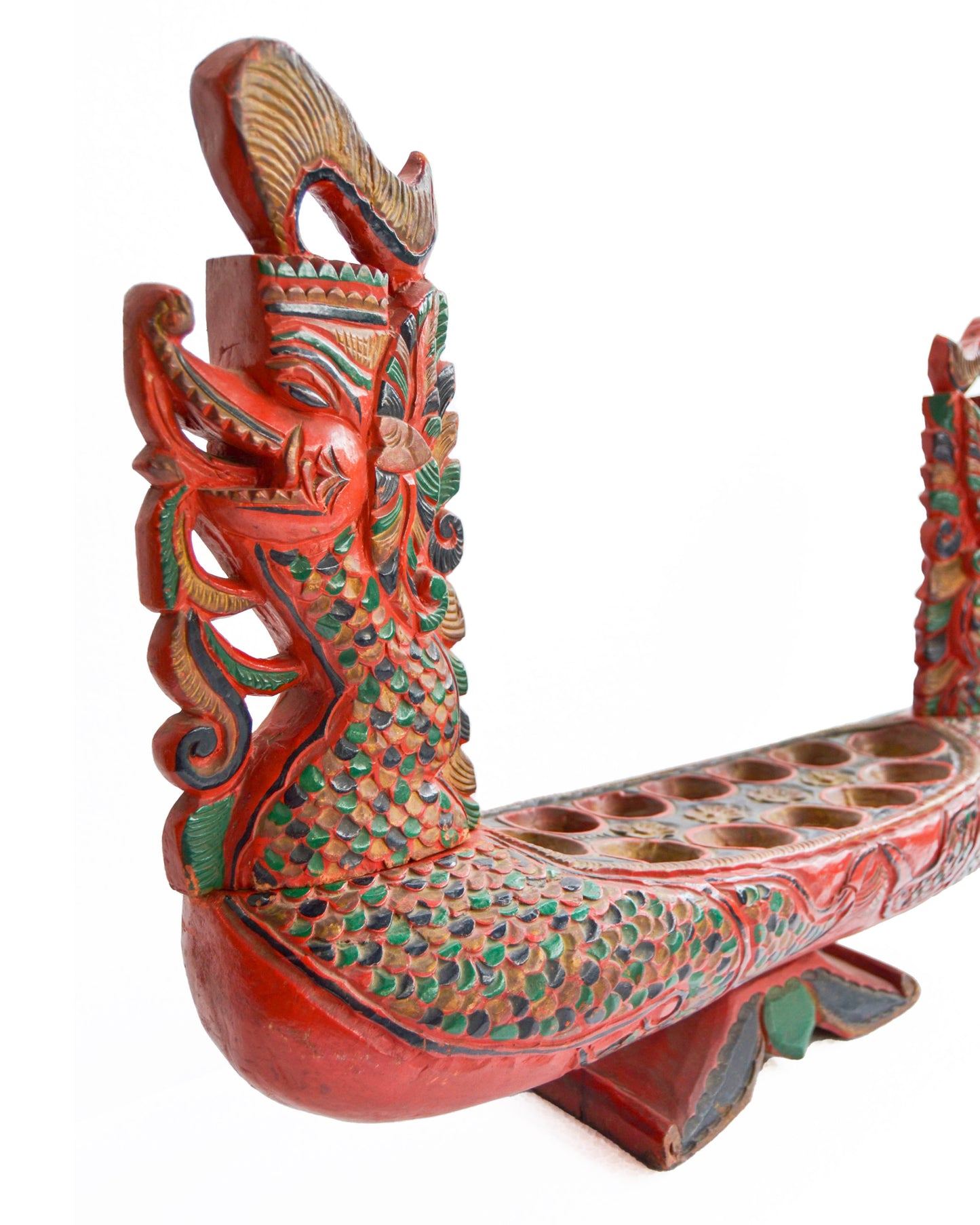 Red Javanese Dragon Vintage Mancala Wooden Board Game Southeast Asian Folk Art Congkak Kalaha Sungka Home Decor Statement Piece