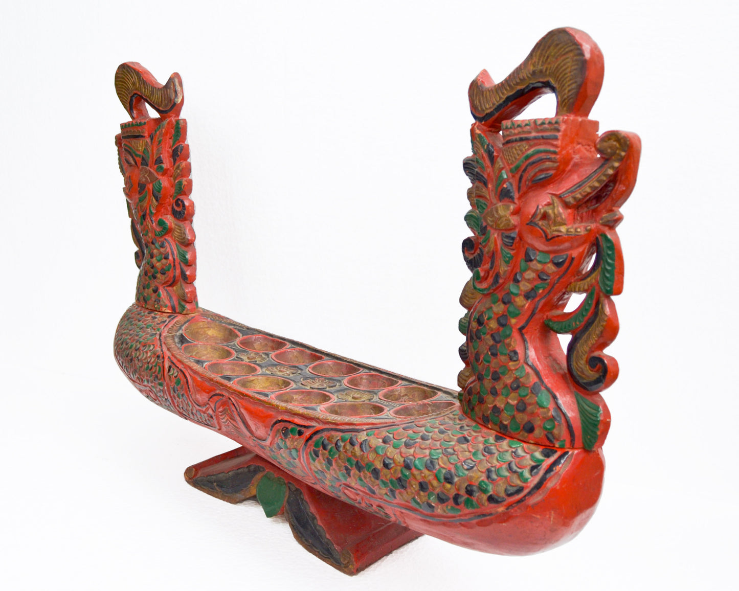 Red Javanese Dragon Vintage Mancala Wooden Board Game Southeast Asian Folk Art Congkak Kalaha Sungka Home Decor Statement Piece