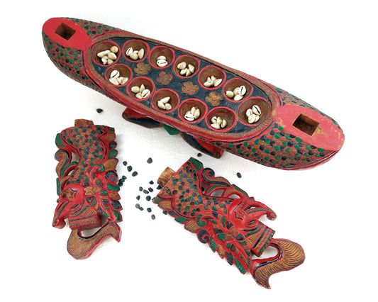 Red Javanese Dragon Vintage Mancala Wooden Board Game Southeast Asian Folk Art Congkak Kalaha Sungka Home Decor Statement Piece