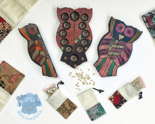 Owl Bird Wooden Mancala Board Game – Foldable Design with Handmade Batik Pattern – Tabletop Strategy Game for Family Fun & Math Skills – Unique Decor & Gift – Congkak, Sungka, Oware