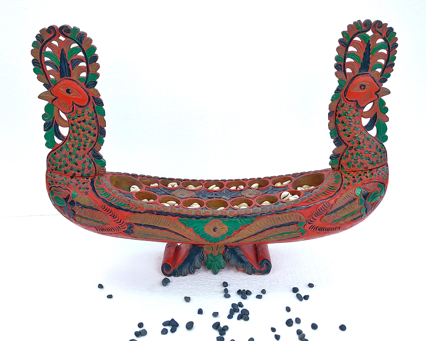 Vintage Javanese Red Peacock Mancala Board Game Congkak Kalaha Sungka Home Decor Statement Piece Southeast Asian Folk Art