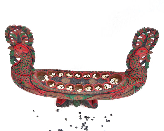 Vintage Javanese Red Peacock Mancala Board Game Congkak Kalaha Sungka Home Decor Statement Piece Southeast Asian Folk Art