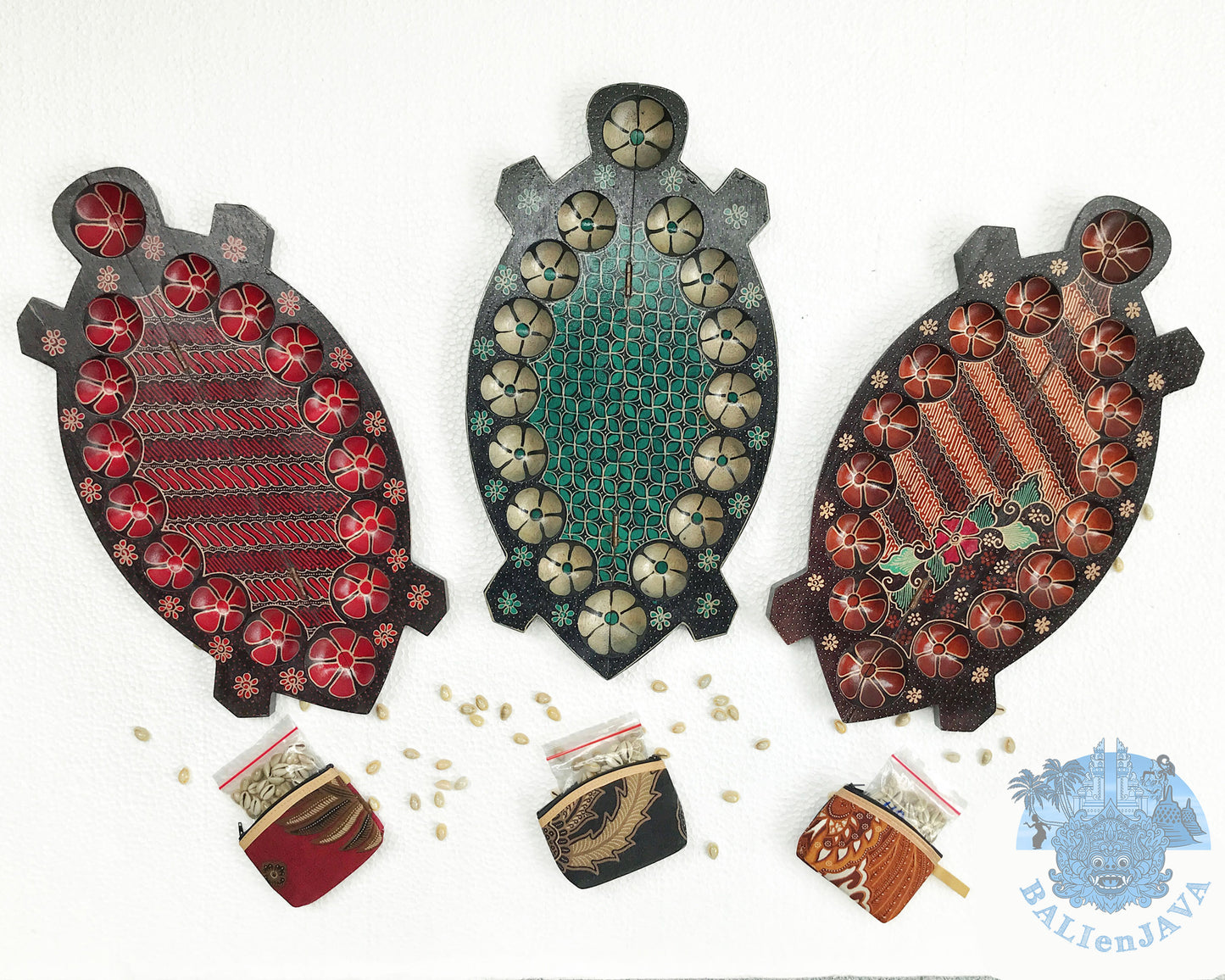 Large 7 Holes Turtle Tortoise Wooden Mancala Board Game – Foldable Design with Handmade Batik Pattern – Congkak, Sungka, Oware – Classic Strategy Game for Family Fun & Math Skills – Unique Home Decor & Gift
