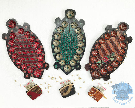 Large 7 Holes Turtle Tortoise Wooden Mancala Board Game – Foldable Design with Handmade Batik Pattern – Congkak, Sungka, Oware – Classic Strategy Game for Family Fun – Unique Home Decor & Gift