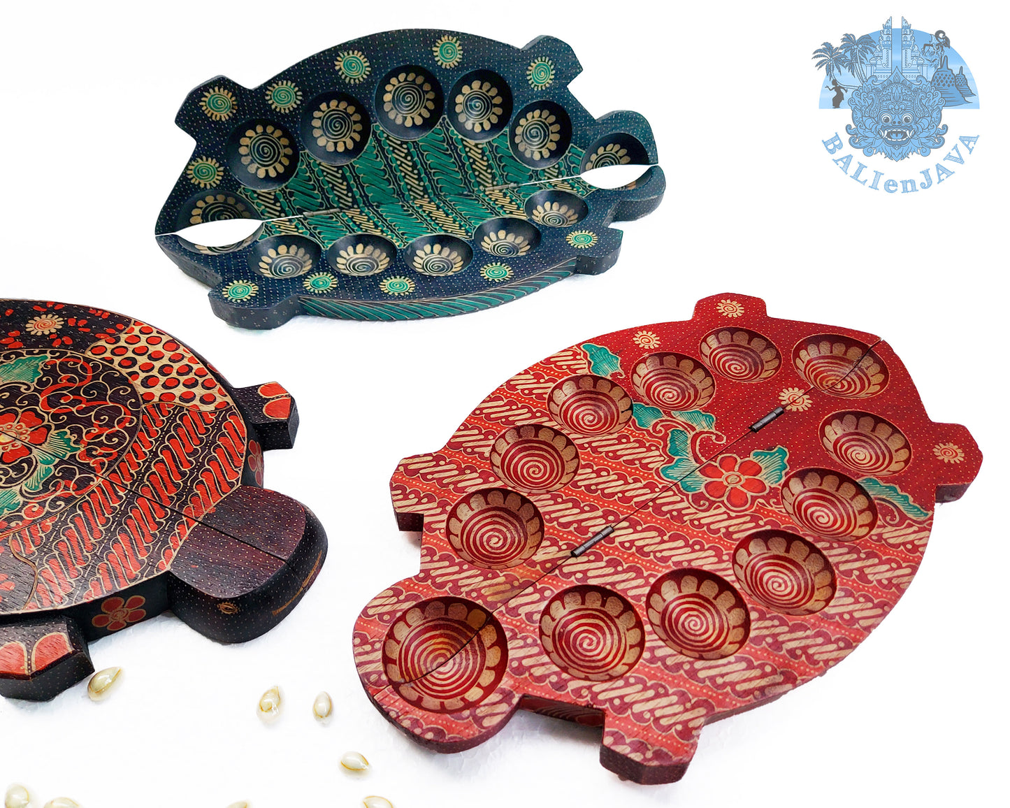 Turtle Tortoise Wooden Mancala Board Game – Foldable Design with Handmade Batik Pattern – Classic Strategy Game for Family Fun & Math Skills – Congkak, Sungka, Oware – Unique Decor & Gift