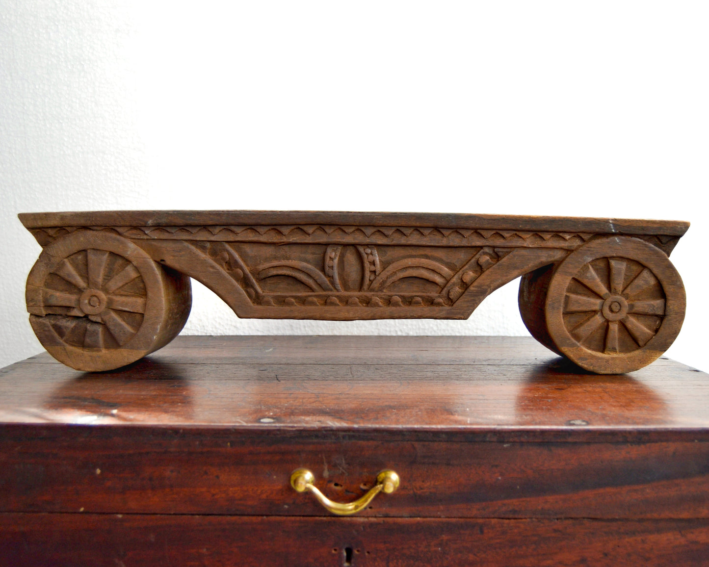 Vintage Wagon Cart Wheel Mancala Wooden Board Game Javanese Jepara Wood Carving Strategy Game Home Decor Statement Piece