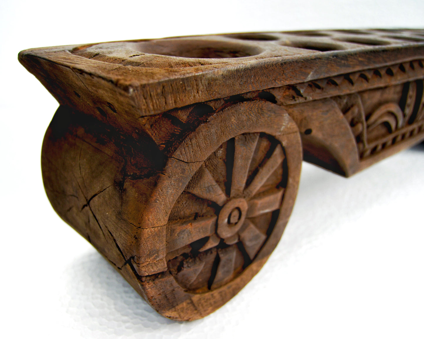 Vintage Wagon Cart Wheel Mancala Wooden Board Game Javanese Jepara Wood Carving Strategy Game Home Decor Statement Piece