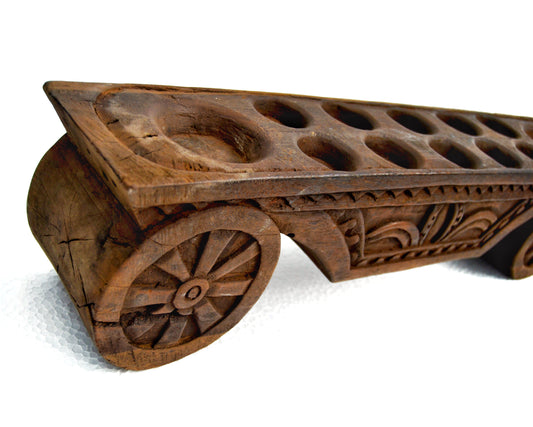 Vintage Wagon Cart Wheel Mancala Wooden Board Game Javanese Jepara Wood Carving Strategy Game Home Decor Statement Piece