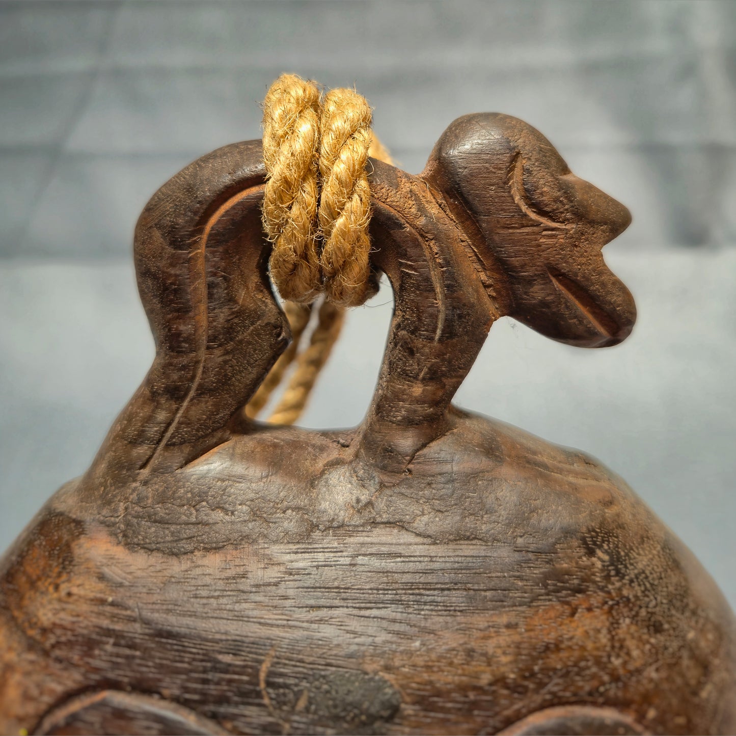 Vintage Wooden Bell with Monkey Figure – Asian Folk Art – Wall Hanging – Rustic Home Decor – Unique Gift Idea
