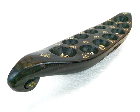 Wooden Ship Vintage Mancala Board Game with Shell Inlay Art from Lombok Island Strategy Game Collectibles Home Decor Vintage Object