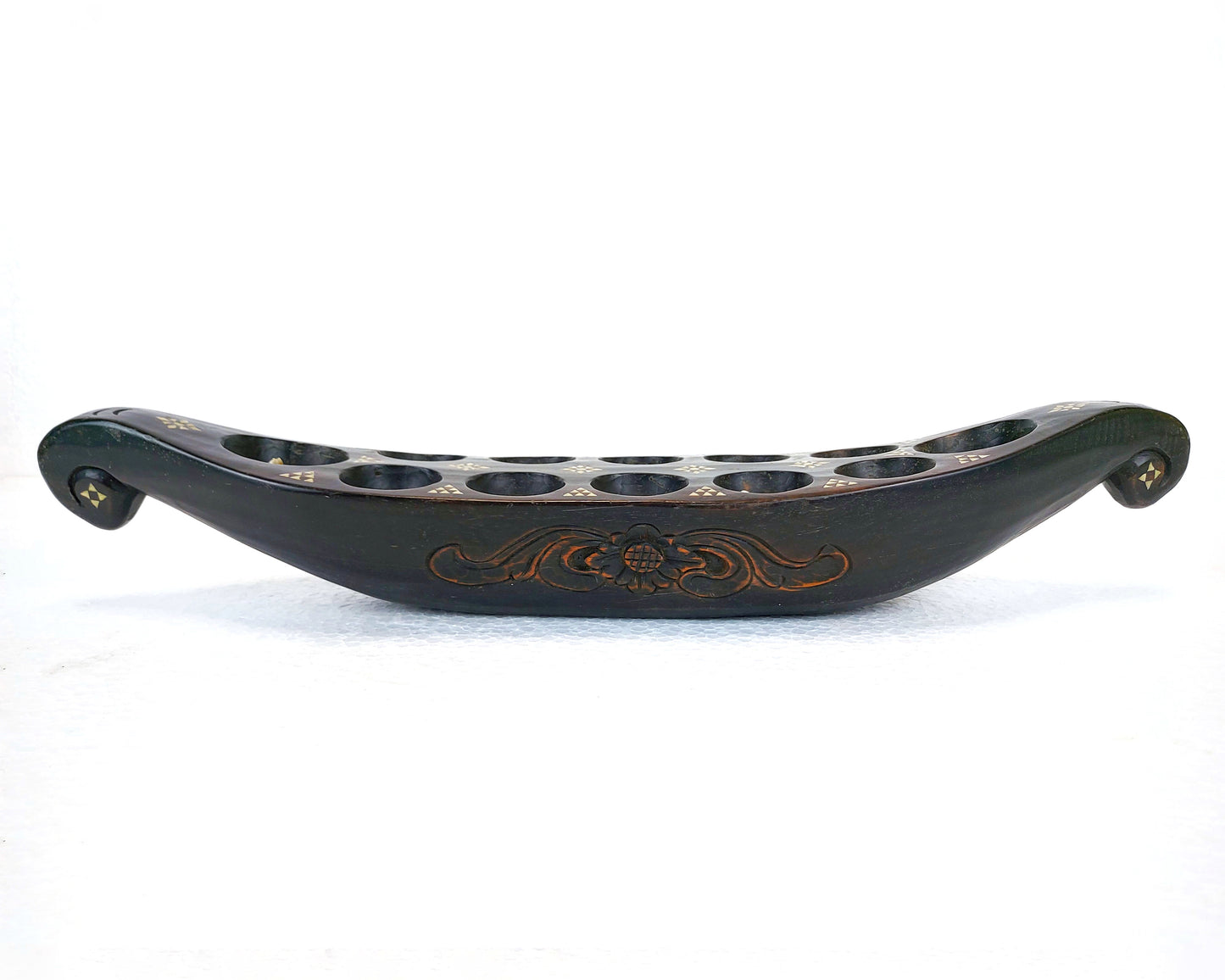 Wooden Ship Vintage Mancala Board Game with Shell Inlay Art from Lombok Island Strategy Game Collectibles Home Decor Vintage Object