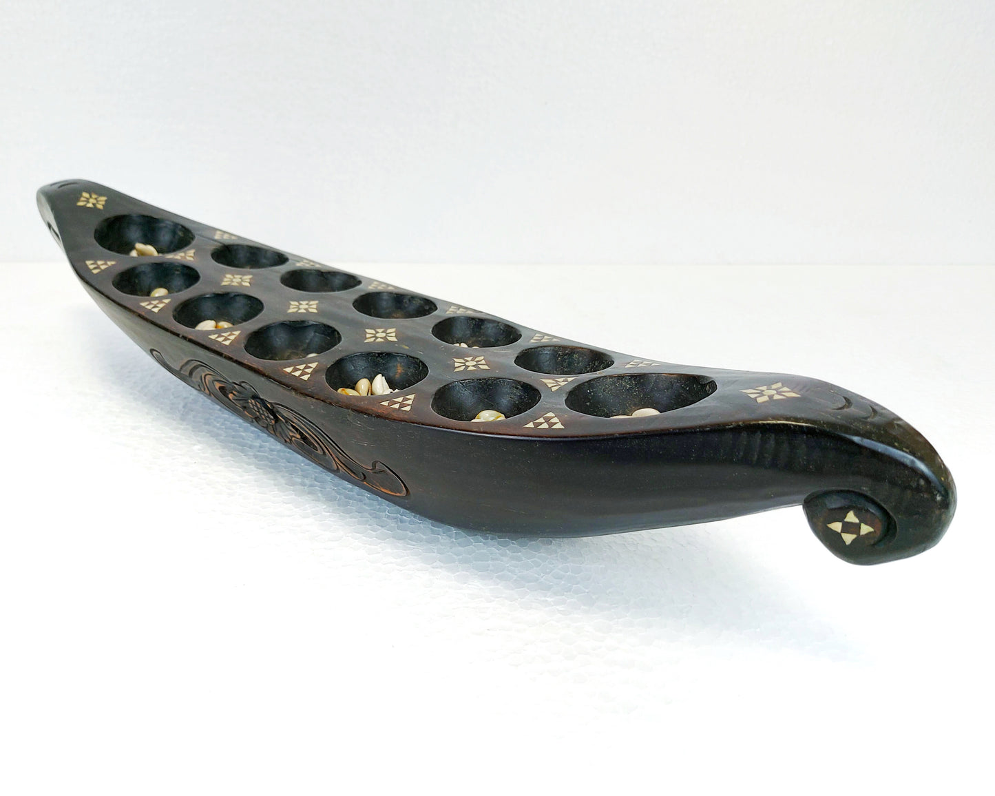 Wooden Ship Vintage Mancala Board Game with Shell Inlay Art from Lombok Island Strategy Game Collectibles Home Decor Vintage Object