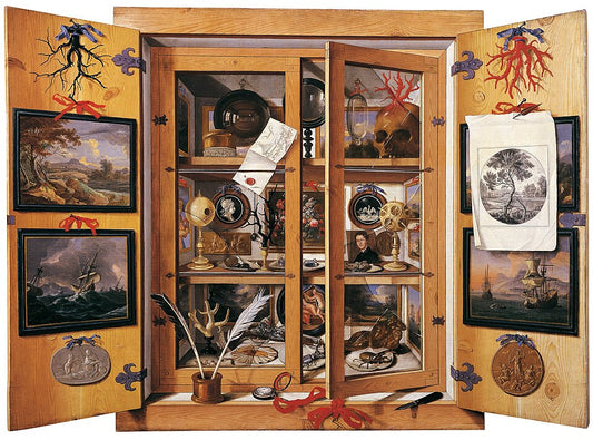 an oil-on-canvas trompe-l'œil painting created by artist Domenico Remps titled Cabinet of Curiosities 