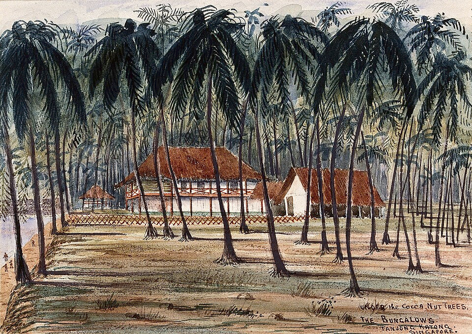 A watercolour painting of bungalows under coconut palms at Tanjong Katong, Singapore. Artwork by John Edmund Taylor 