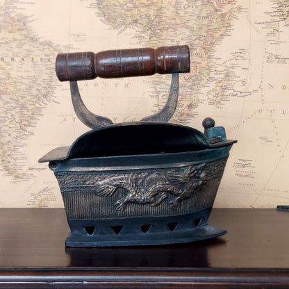 Vintage Peranakan Charcoal Clothes Iron with Oriental Dragon Carving & Wooden Handle Collectible Item Rustic Home Decor Statement Piece