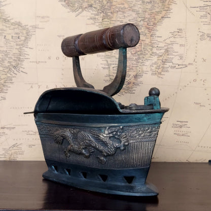 Vintage Peranakan Charcoal Clothes Iron with Oriental Dragon Carving & Wooden Handle Collectible Item Rustic Home Decor Statement Piece