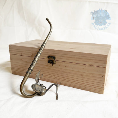 Antique Chinese Paktong Smoking Pipe with Filigree Peacock Design and Wooden Storage Box