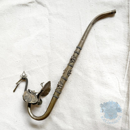 Antique Chinese Paktong Smoking Pipe with Filigree Peacock Design and Wooden Storage Box