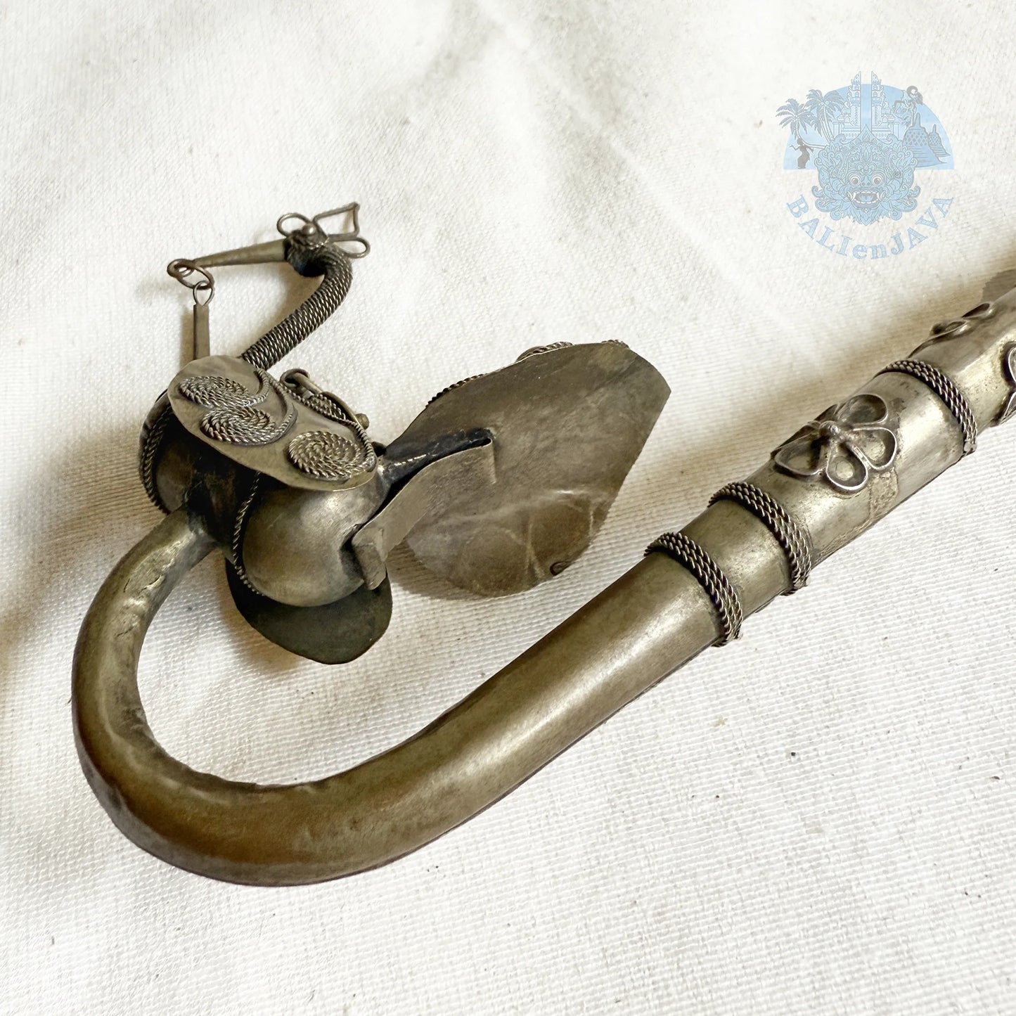 Antique Chinese Paktong Smoking Pipe with Filigree Peacock Design and Wooden Storage Box